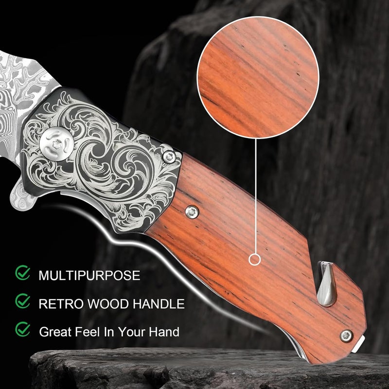 Zingbee Pocket Knife with Glass Breaker, EDC Damascus Folding Knife with Seatbelt Cutter, 3.35" VG10 Damascus Steel Blade Multitool Pocket Knives with Wood Handle - Image 4